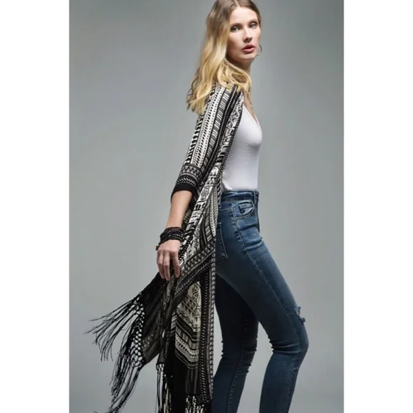 SOLD OUT Black Ethnic Print Tassel Fringe Kimono Coverup Wrap - Picture 6 of 7